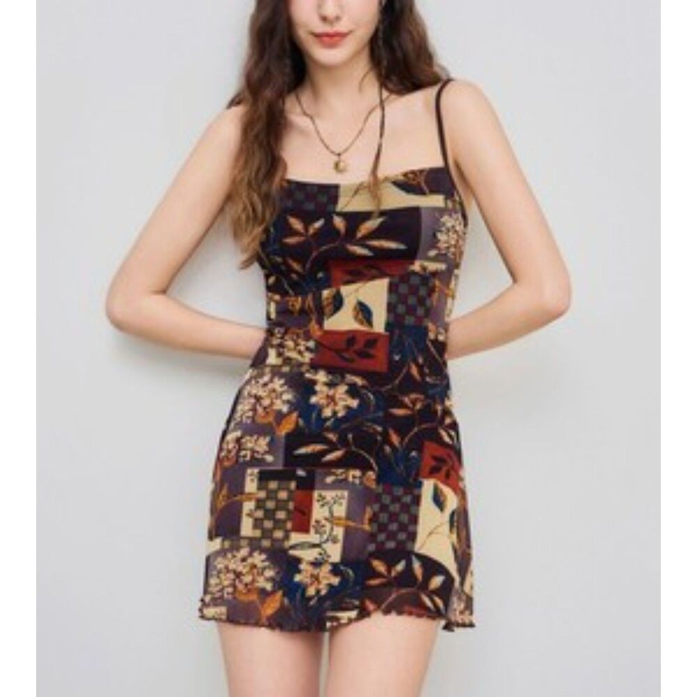 Cider Floral & Leaf Print Mesh Mini Dress Brown Tones XS